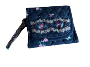 Vera Bradley Petit Point Tri-Fold Soft Pocket Wallet Retire Black Floral 4x4.5" - Picture 1 of 8