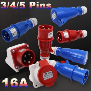 16 Amp Red/Blue Industrial Plugs Sockets IP44 Waterproof Connectors 3/4/5 Pins - Picture 1 of 41