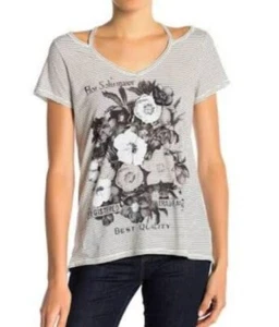 T-shirt donna Junior XS Lucky grigia bianca grafica floreale spalle fredde nuova con etichetta - Foto 1 di 11