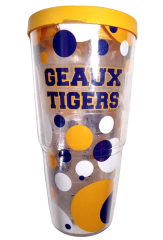LSU Geaux Tigers Purple Gold 24 oz Tervis Plastic Tumbler Top Authentic Cover