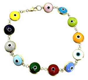 14K Gelbgold Glas und Emaille Evil Eye Link Armband 7,25 Zoll - Bild 1 von 4