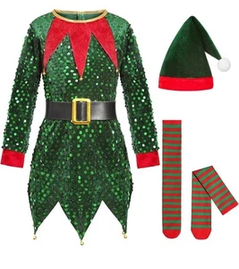 Elf Costume for Kids Red & Green sequens & velvet Santa Helper for Girls XL ZZ - Picture 1 of 4