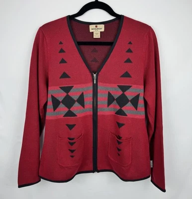 Chaqueta Woolrich Para Mujer Rojo Rubí Cuello en V Cremallera Azteca Geométrica Suroeste Talla L Foto 1 de 4