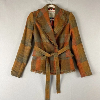 Blazer Anthropologie Cartonnier xadrez envoltório feminino 0 marrom franja tweed outono - Imagem 1 de 4