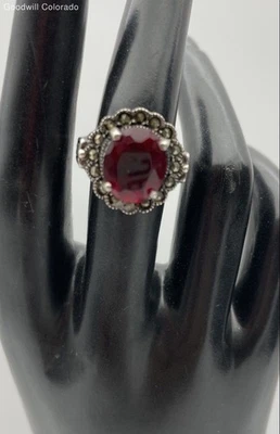 Artisan Sterling Silver Red Glass Marcasite Ornate Design Ring Size 6.5 - 5.7g - Image 1 of 4