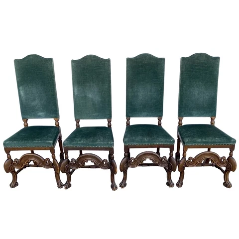 Set 4 Antique Danish Baroque Style Mohair Upholstered Oak Dining Chairs c. 1890 Cover