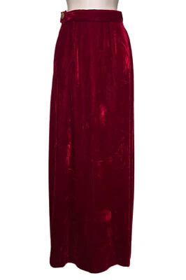 60s VTG Long Maxi Skirt, Goth Ruby Red Velvet, Brass Canal De Vieux Button XS - Image 1 of 4