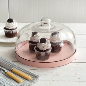 NEW! 2-Piece Set Pink Dessert Cloche Glass Dome & Metal Base Vintage Style - Picture 1 of 2