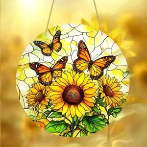 Sonnenblume und Schmetterlinge Sonnenfänger Buntglasoptik Hängedeko Geschenk - Bild 1 von 4