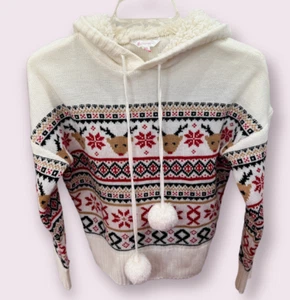 NO BOUNDARIES Juniors Reindeer Fair Isle Hoodie Sweater Pom Pom Tie M 7-9 - Picture 1 of 5