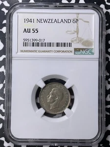 1941 New Zealand 6 Pence Sixpence NGC AU55 Lot#MK108 Silver! - Picture 1 of 3