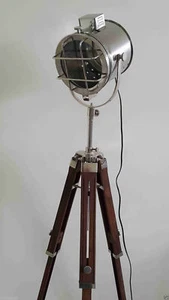 Vintage Spotlight With Wooden Tripod Stand Electric Floor Lamp Decor - Picture 1 of 7