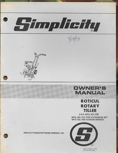 SIMPLICITY ROTICUL ROTARY TILLER 3 HP Model 936 Parts List Owner's Manual - Picture 1 of 3