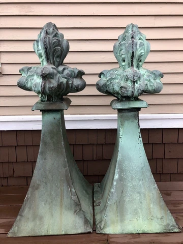 Antique French Copper Flame Roof Finials, 54” Tall, Huge Pair Cover