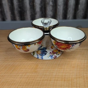 MacKenzie Childs Flower Market White Enamel Triplicity 3 Bowl Serving Dish - Picture 1 of 14