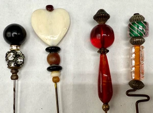 VINTAGE HAT PINS HATPIN LOT 4 ESTATE MURANO GLASS BEAD HEART RUBY RED - Bild 1 von 9