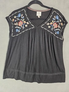 Knox Rose Womens XXL Shirt Black Colorful Floral Embroidery Boho Vneck Cottage - Picture 1 of 8