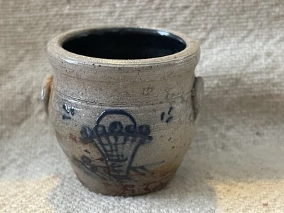 Rowe Pottery 1.5” Cobalt Salt Glaze Crock & 1.75” Pottery Pitcher 1989 Signed - Image 1 of 4