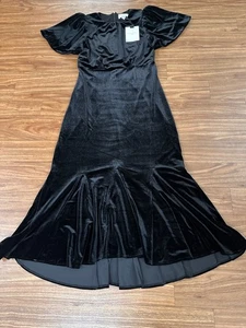 Pomander Place Black Velvet Elodie Flutter Sleeve Midi Dress Size M - Picture 1 of 16