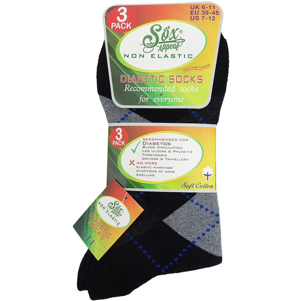 SOX APPEAL mens socks 3 pairs diabetic non elastic gentle grip soft top cotton blend 6/11