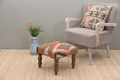 Handcrafted Acacia Wood Stool with Decorative Kilim Upholstery | Elegant Footsto - Image 1 of 4