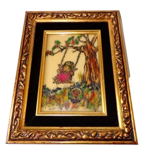 Sarinson Framed Colored Engraving Etching Girl on Swing 8.5" x 10" Art Signed - Picture 1 of 17