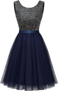 BeryLove Sequin Dress A Line Wedding Formal Swing Tulle Sleeveless Navy Blue 3XL - Picture 1 of 4