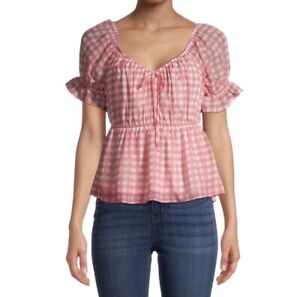 New Pink White Peasant Babydoll Gingham Print Top Size Junior 3X