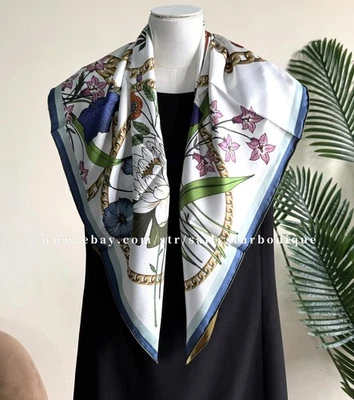 Sallys 18 Momme Twill Silk Wrap Scarf Flowers Print Double Face Square Shawl 35" - Image 1 of 4