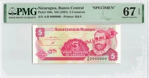 NICARAGUA 5 Centavos 1991, P-168s SPECIMEN, H&S, PMG 67 EPQ Superb Gem UNC Grade - Picture 1 of 2