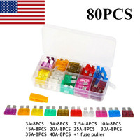 80Pcs 12V Standard Blade Car Fuses Fuse 3A-40A Assorted Set Kit +1Pcs Puller US