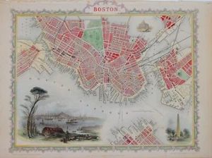 GENUINE ANTIQUE MAP - BOSTON, UNITED STATES BY JOHN TALLIS CIRCA 1850 - Picture 1 of 1