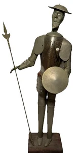 Vintage Metal Armor DON QUIXOTE STATUE On A Wooden Base w/ Spear & Shield - Picture 1 of 18