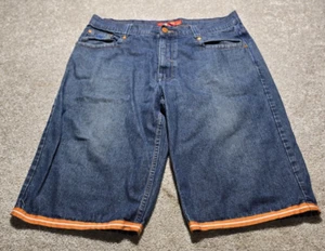 Y2k Jinzu Baggy Embroidered Denim Shorts Mens Size 36 Blue Orange - Picture 1 of 16