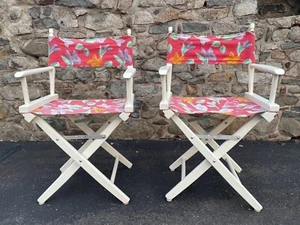 2 Vtg Directors Chairs White Solid Wood Frame Folding Chairs Canvas Fabric - Picture 1 of 9