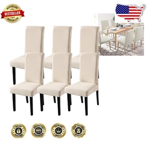 6 Pack Stretchable Chair Slipcovers - Elegant Jacquard-Beige Dining Protection - Picture 1 of 3