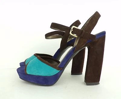 Sandalias de tacón vintage BANDOLINO 6 M marrón y azul gamuza punta abierta con tiras  Foto 1 de 4