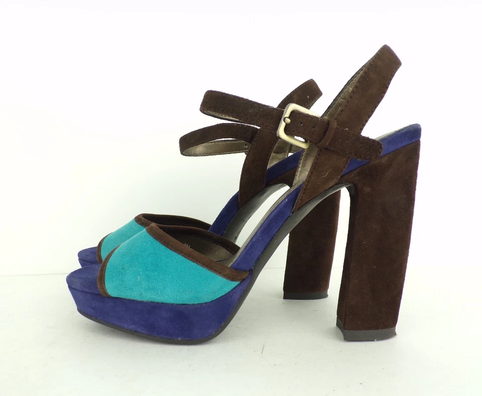 Vintage BANDOLINO Shoes 6 M Brown & Blue Suede Open Toe Strappy Heels Sandals  - Image 1 of 4