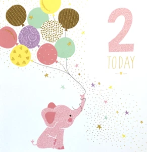 "2 Today" Pink Elephant with Balloons & Stars Birthday Card by Simson Cards - Picture 1 of 5