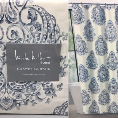 Nicole Miller Medallion Blue Cream Fabric Shower Curtain Boho Navy Designer NEW - Image 1 of 4
