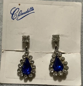 Vintage Claudette Ohrhänger Schraubverschluss Träne Tropfen Strass Ohrringe Original Karte - Bild 1 von 10