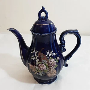 Vintage 8" Tall Made in Japan Cobalt Blue Peacock Design Musical Teapot - Picture 1 of 12