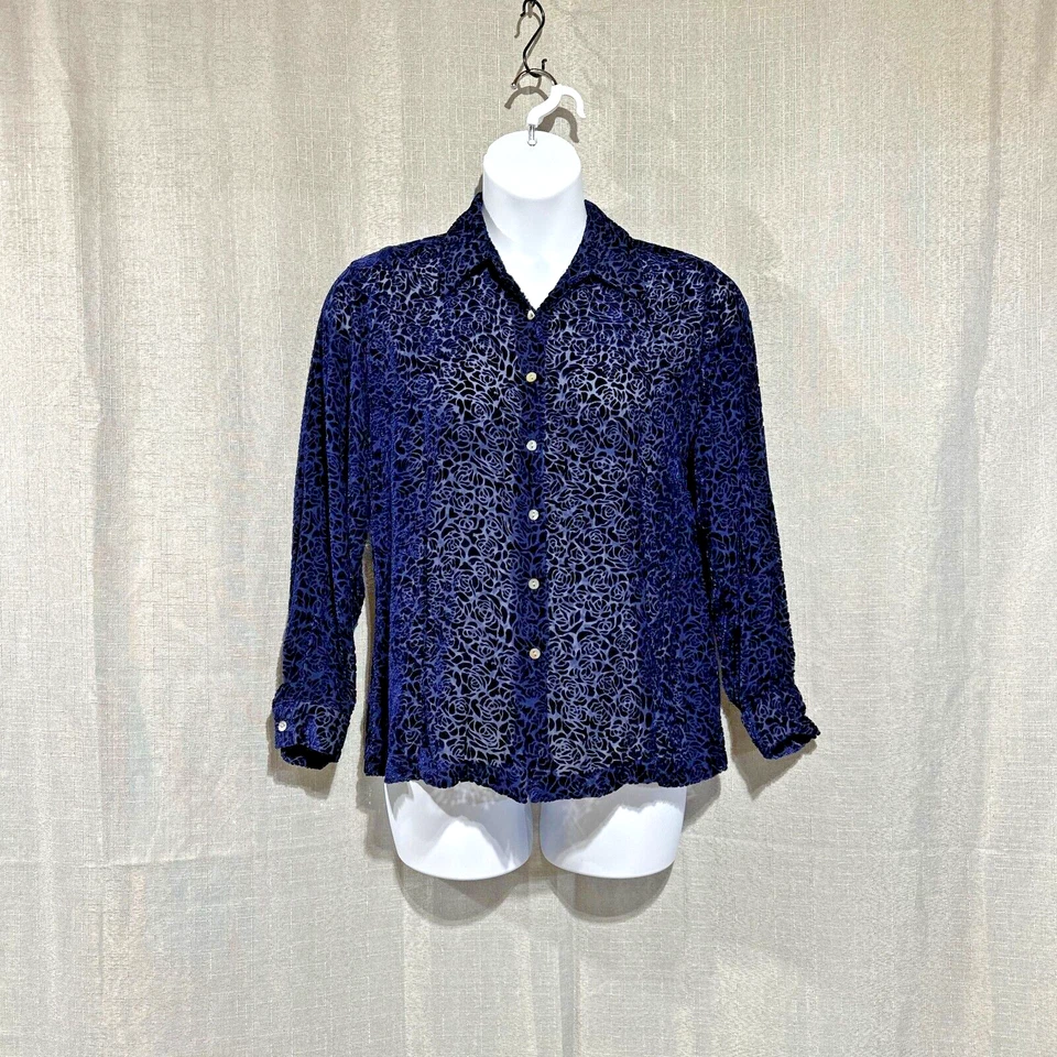 Merona Burnout Top Womens Large Blue Roses Mother of Pearl Buttons Sheer Silk - Image 1 of 4
