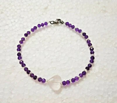 Bracciale In Argento 925 Con Ametista Naturale Con Quarzo Rosa Per Anniversario - Immagine 1 di 2