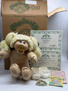 Cabbage Patch Kids Puppe 1978 1982 blonde Haare blaue Augen Schnuller Grübchen Box - Bild 1 von 22