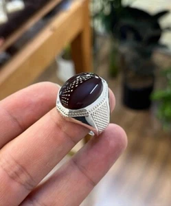 Beautiful Natural Yemeni Aqeeq Ring deep red Aqeeq Ring silver 925 - Picture 1 of 4
