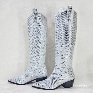 Shattered Silver Rhinestone Western Cowgirl Knee Boots NEW - Picture 1 of 14