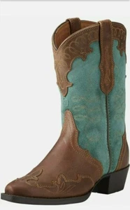 Ariat Kids Zealous Western Boot New Teal Suede/Distressed Brown 9-1/2M Girl Boy - Picture 1 of 7