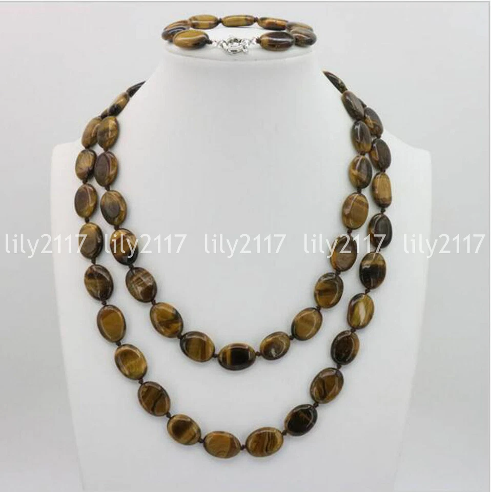 Fashion 13X18mm yellow Tigers eye gemstone oval beads necklace 50'' bracelet set - Image 1 of 4
