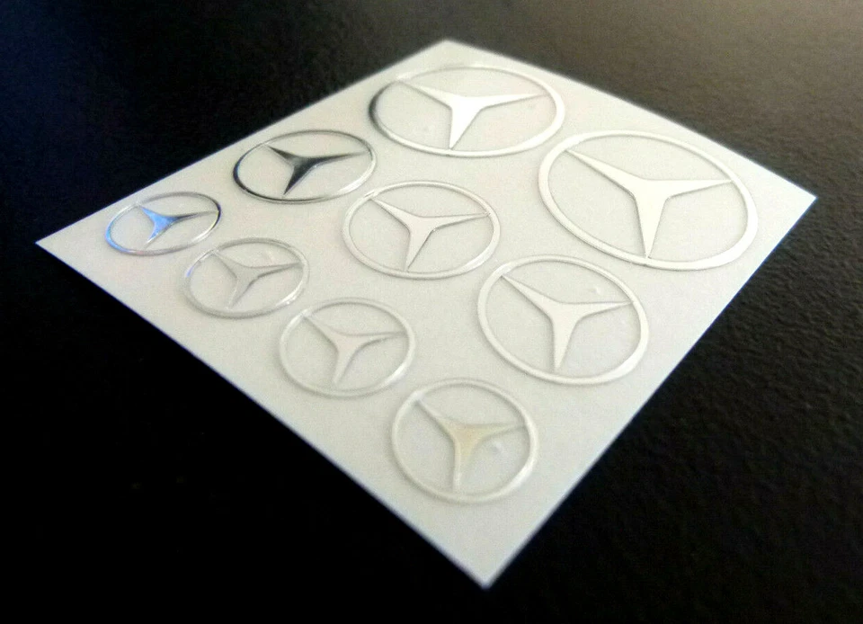 9er SET Mercedes Stern Chrom 1:14 1:14,5 Tamiya DECAL RC AUFKLEBER 1:16 021 - Bild 1 von 1